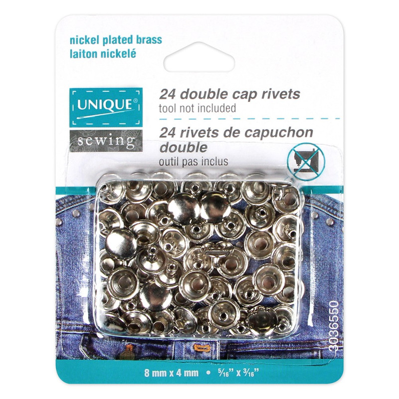 3036550 UNIQUE SEWING Double Cap Rivets - Silver - 8mm x 4mm (5/16″ x 3/16″) - 24 pcs